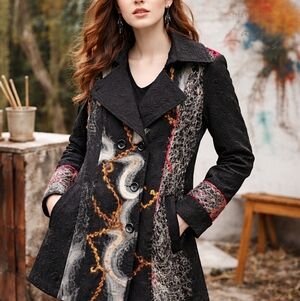 Vintge Papillon Artistic Statement Coat | Abstract Patchwork | Double Breasted